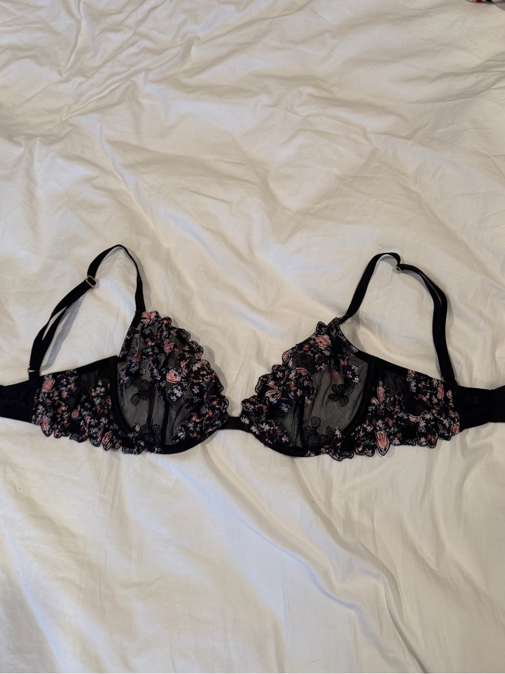 Victoria's Secret Black Lace Bra with Pink Floral Embroidery